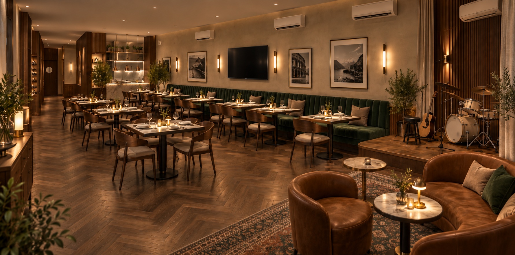 Evviva dining room concept with warm wood, green banquettes, candlelit tables and a lounge