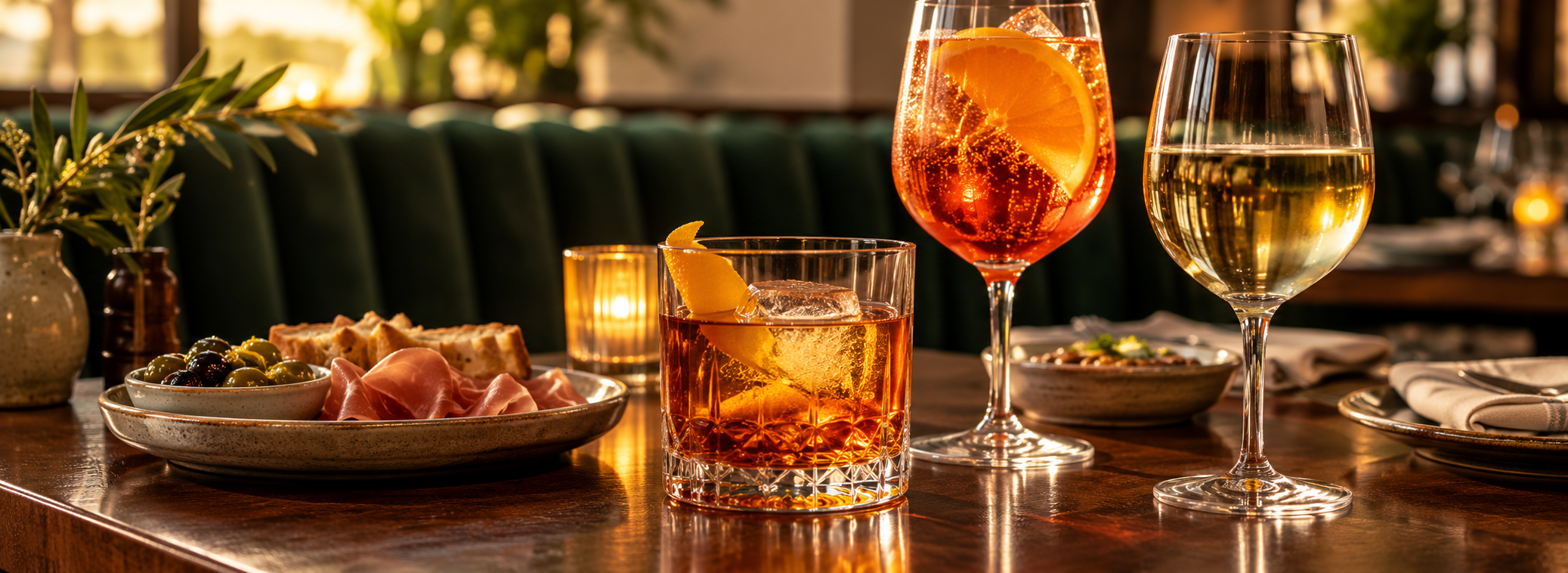 Happy hour concept with cocktails and wine in warm golden light