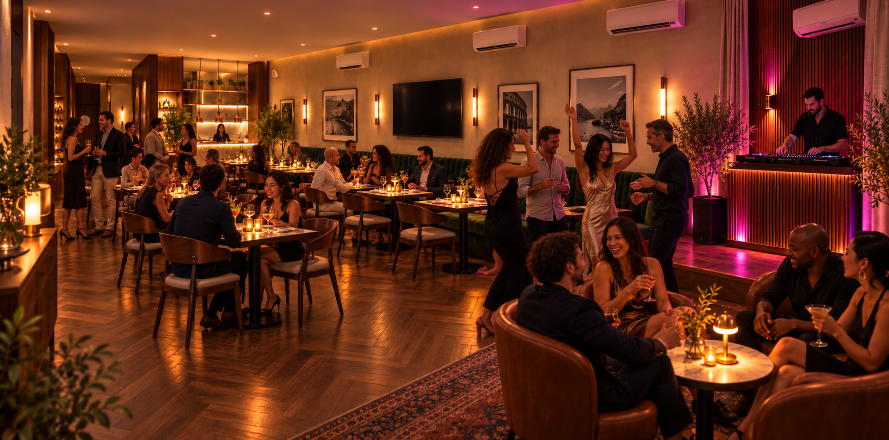 Late-night concept of Evviva with a DJ, guests enjoying cocktails, conversation and dancing under warm mood lighting