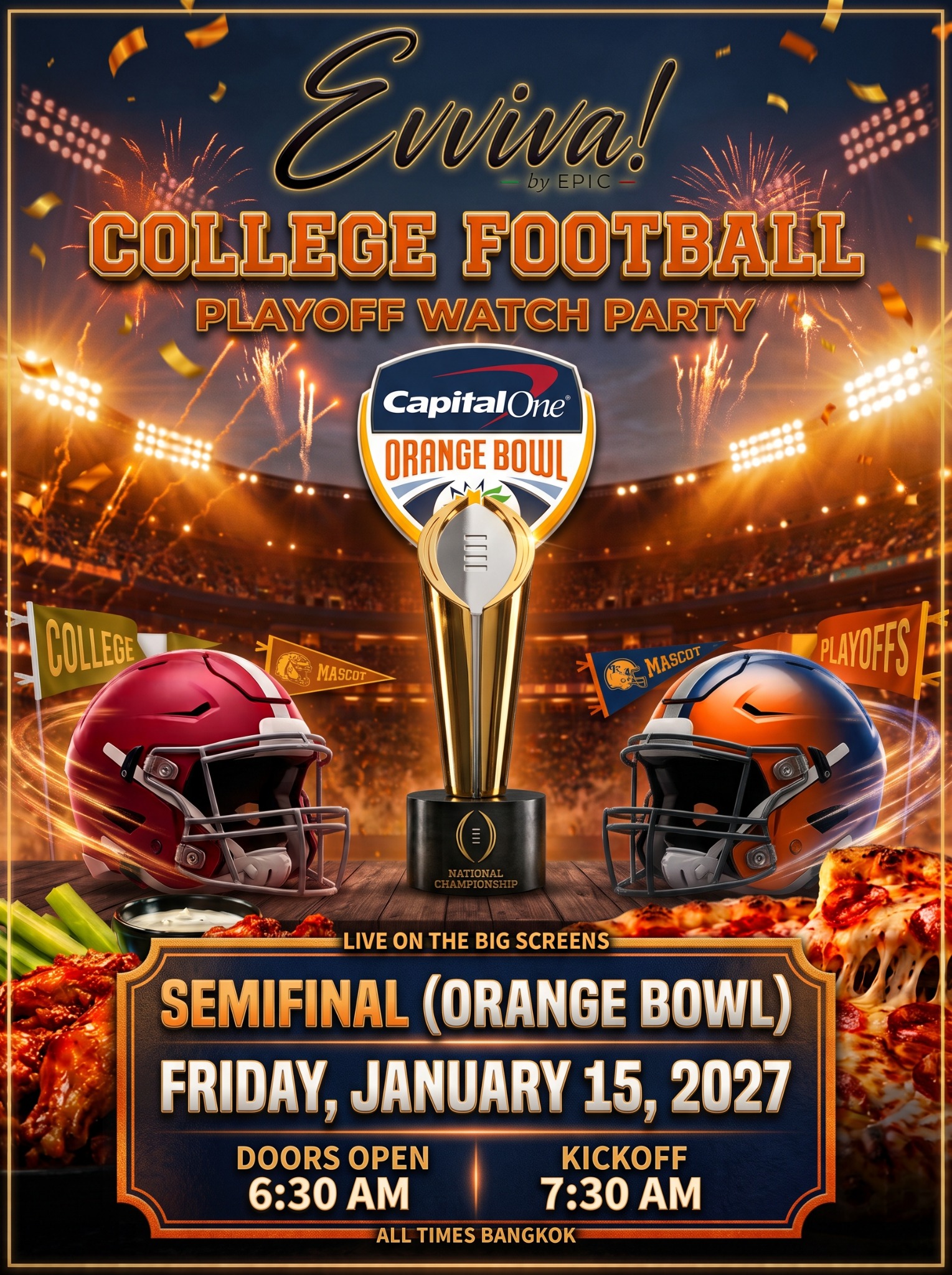 CFP Semifinal · Orange Bowl. Friday, 15 January 2027. Doors open 6:30 am, kickoff 7:30 am. All times Bangkok.