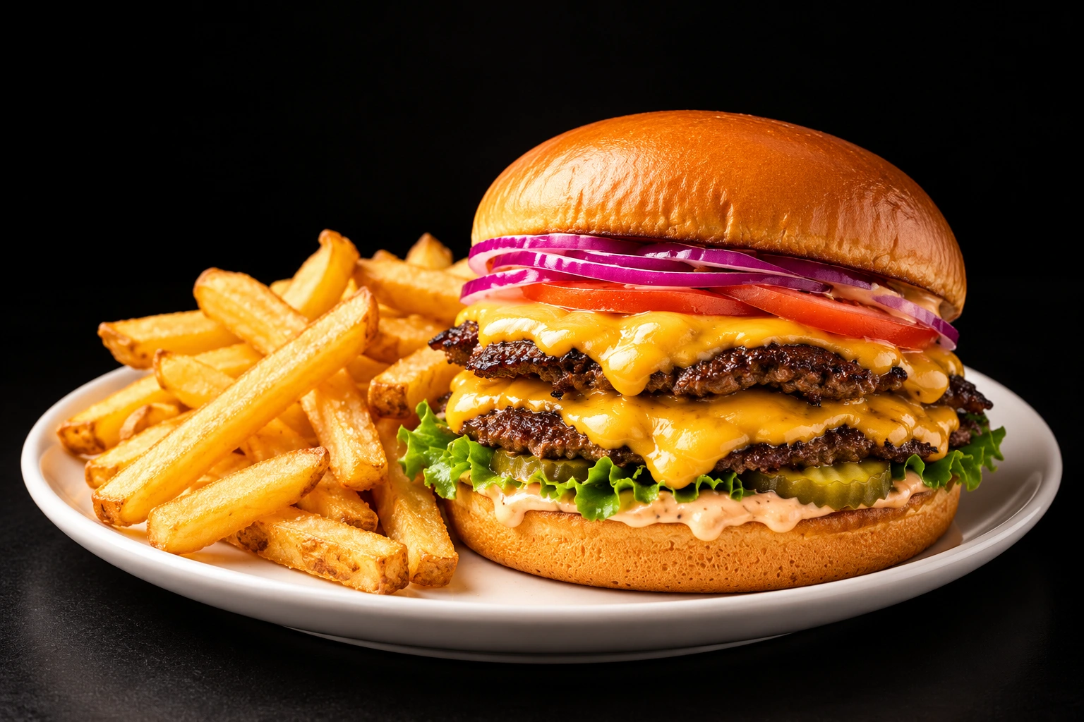 Double smash cheeseburger with golden fries