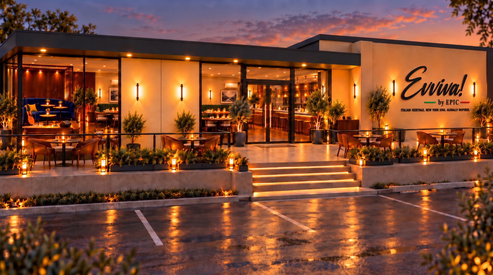 Artist’s rendering of Evviva’s warmly lit street frontage