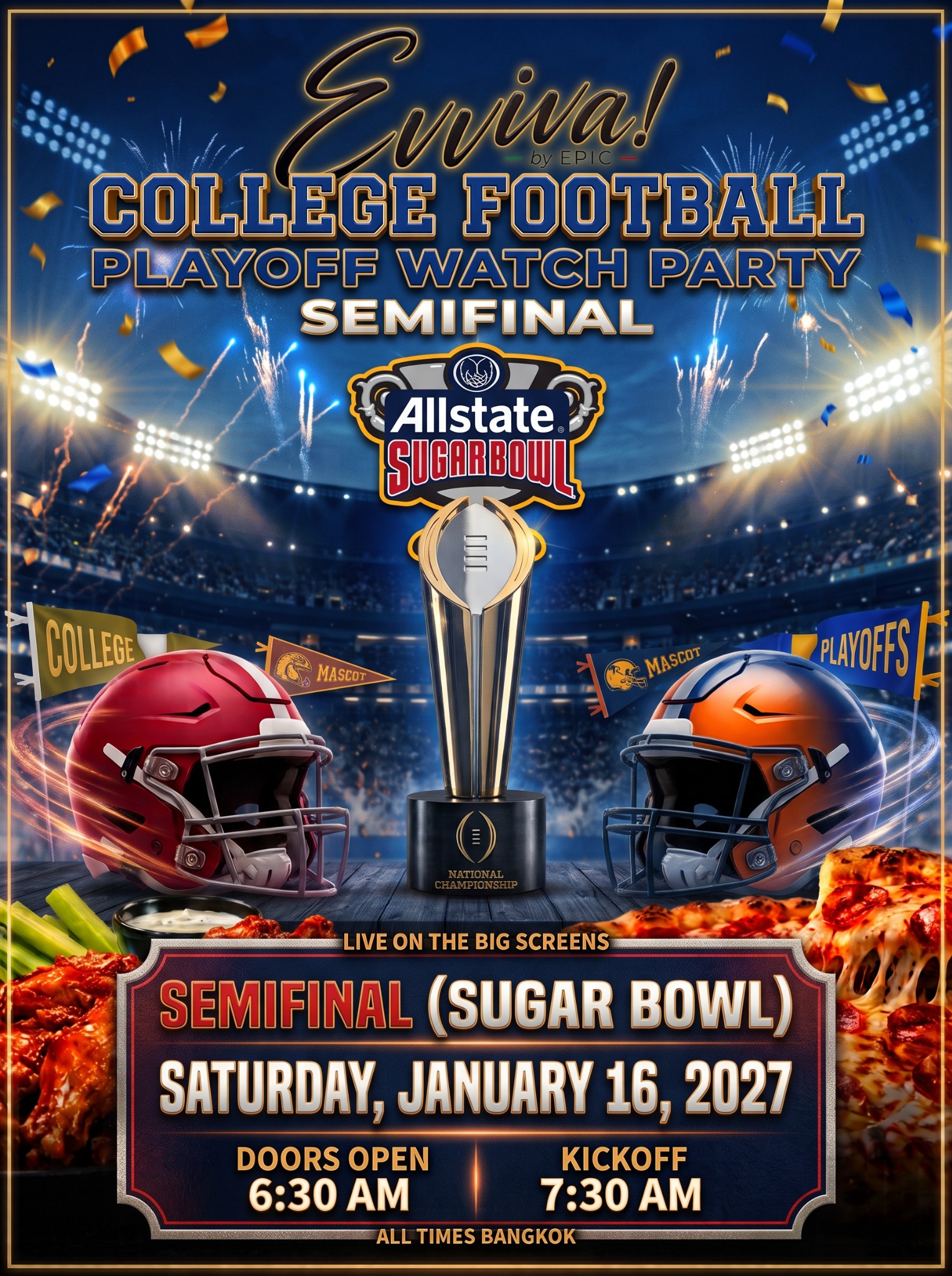 CFP Semifinal · Sugar Bowl. Saturday, 16 January 2027. Doors open 6:30 am, kickoff 7:30 am. All times Bangkok.